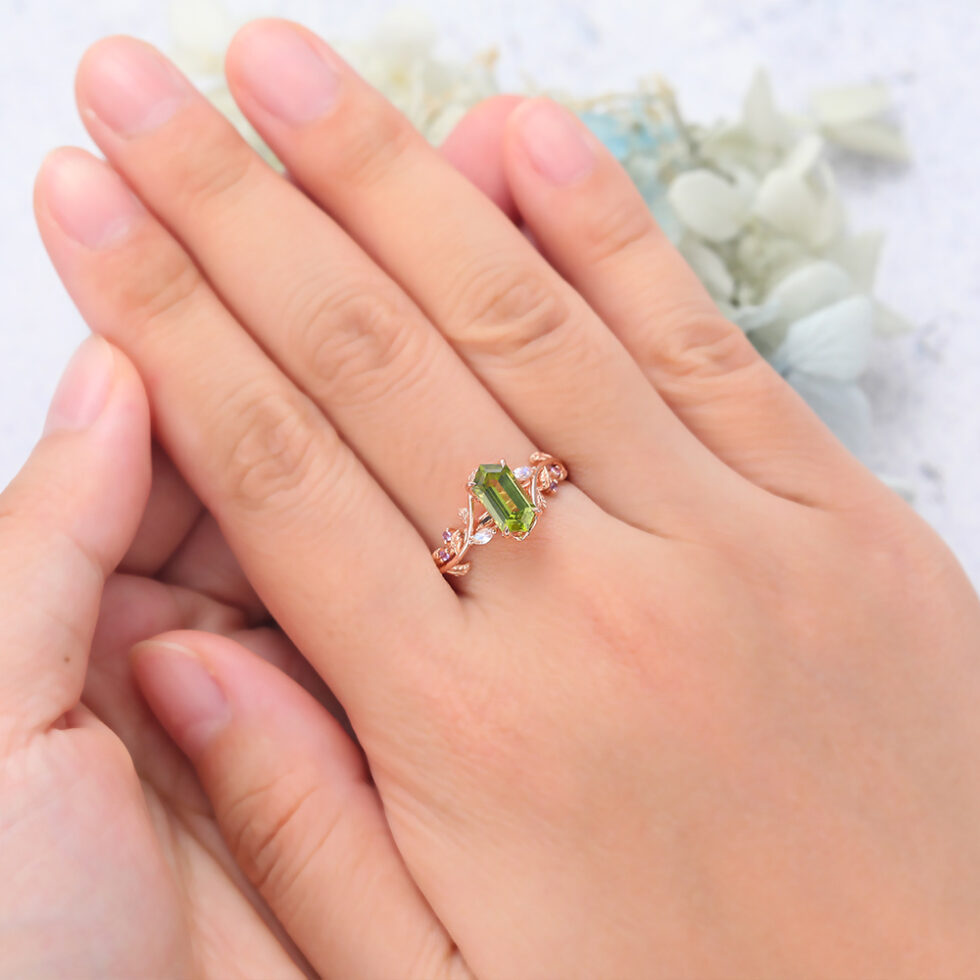 Long Hexagon Cut Peridot Engagement Ring Branch Inspired Leafy Ring