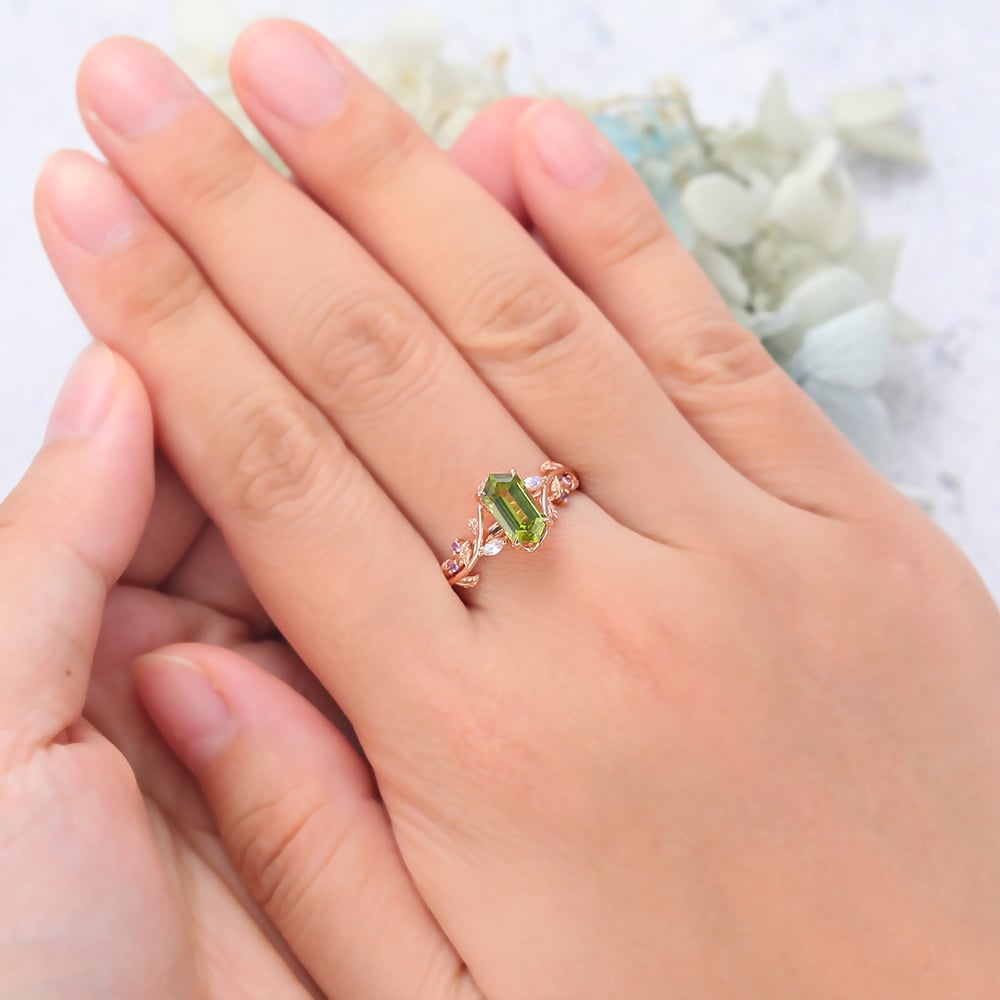 Long Hexagon Cut Peridot Engagement Ring Branch Inspired Leafy Ring