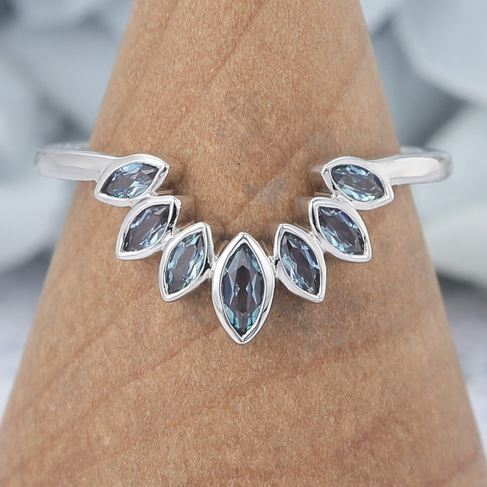 Bezel Marquise Lab Alexandrite Curved Wedding Band