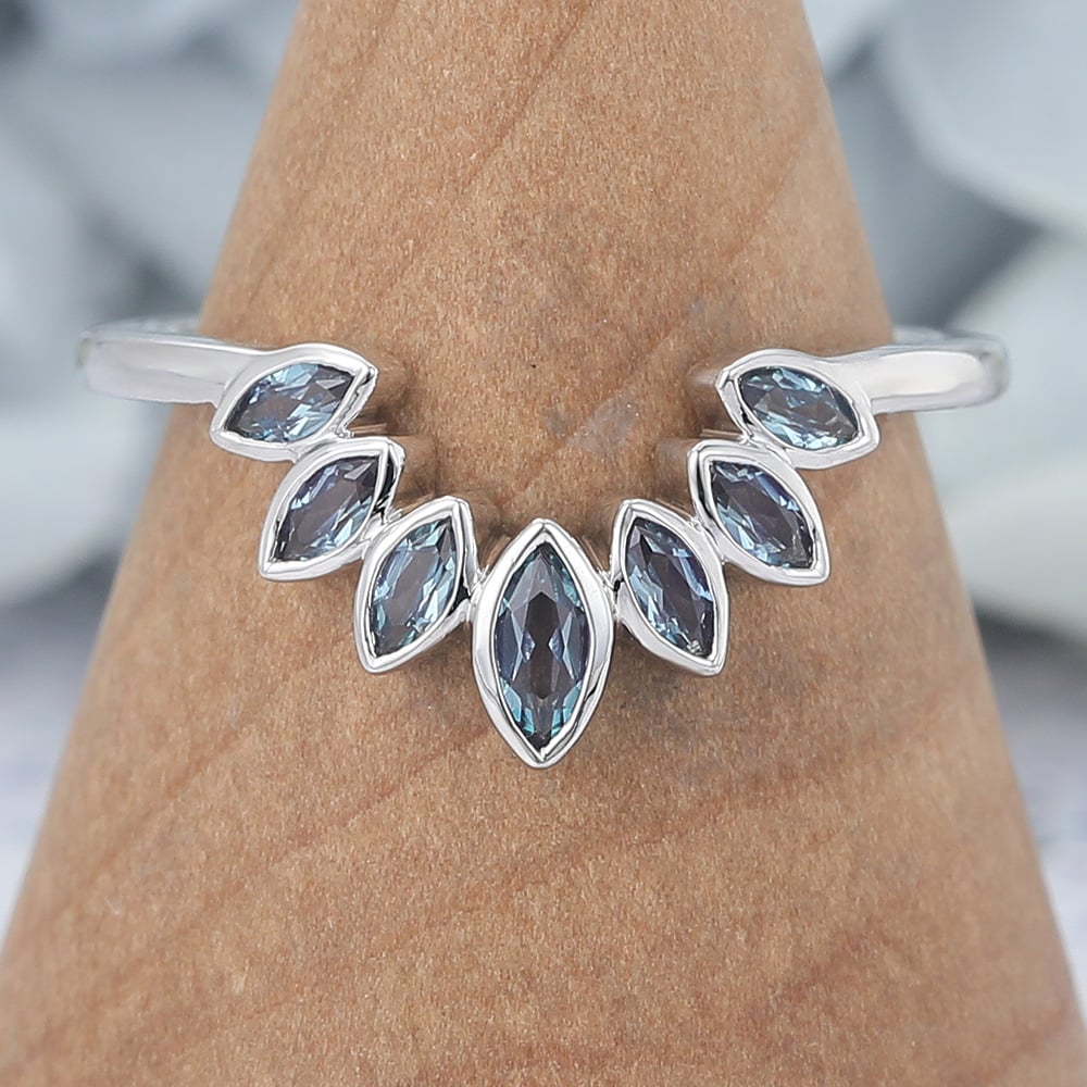 Bezel Marquise Lab Alexandrite Curved Wedding Band