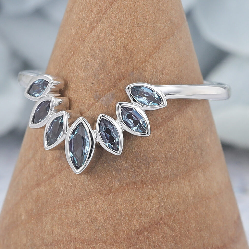 Bezel Marquise Lab Alexandrite Curved Wedding Band