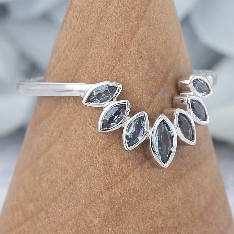 Bezel Marquise Lab Alexandrite Curved Wedding Band
