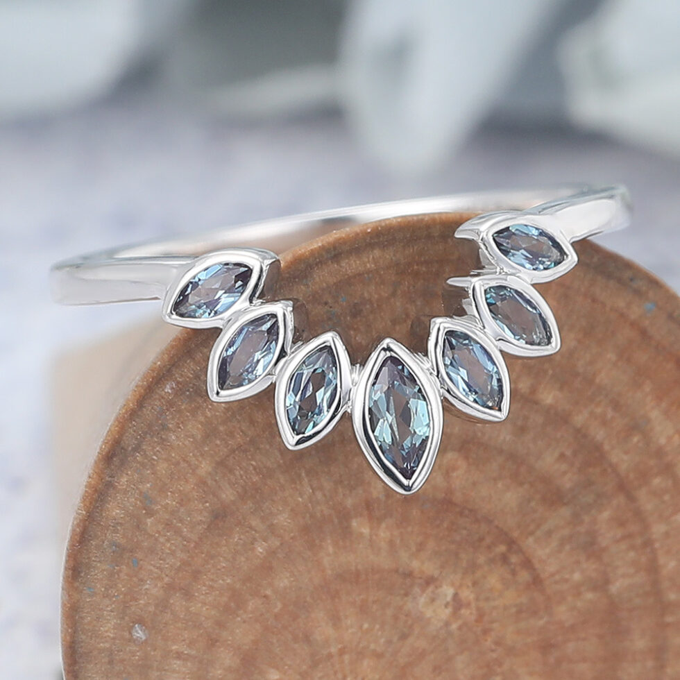 Bezel Marquise Lab Alexandrite Curved Wedding Band