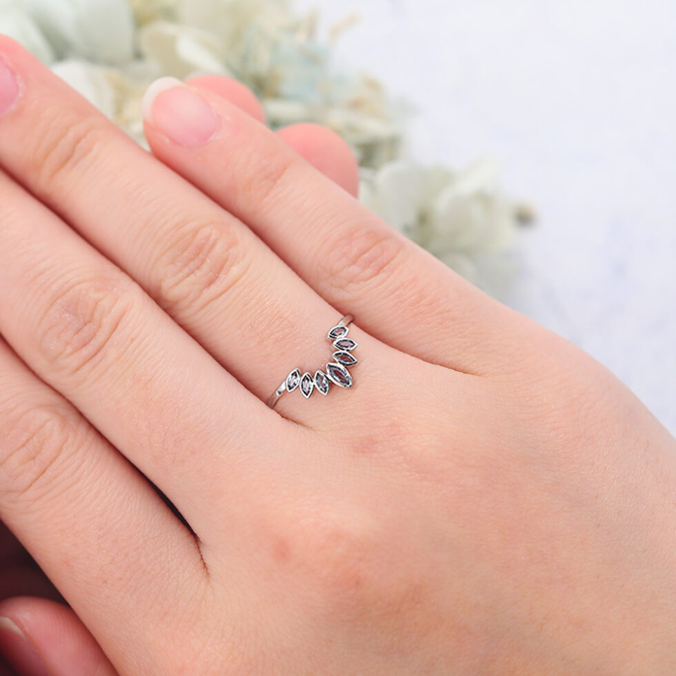 Bezel Marquise Lab Alexandrite Curved Wedding Band