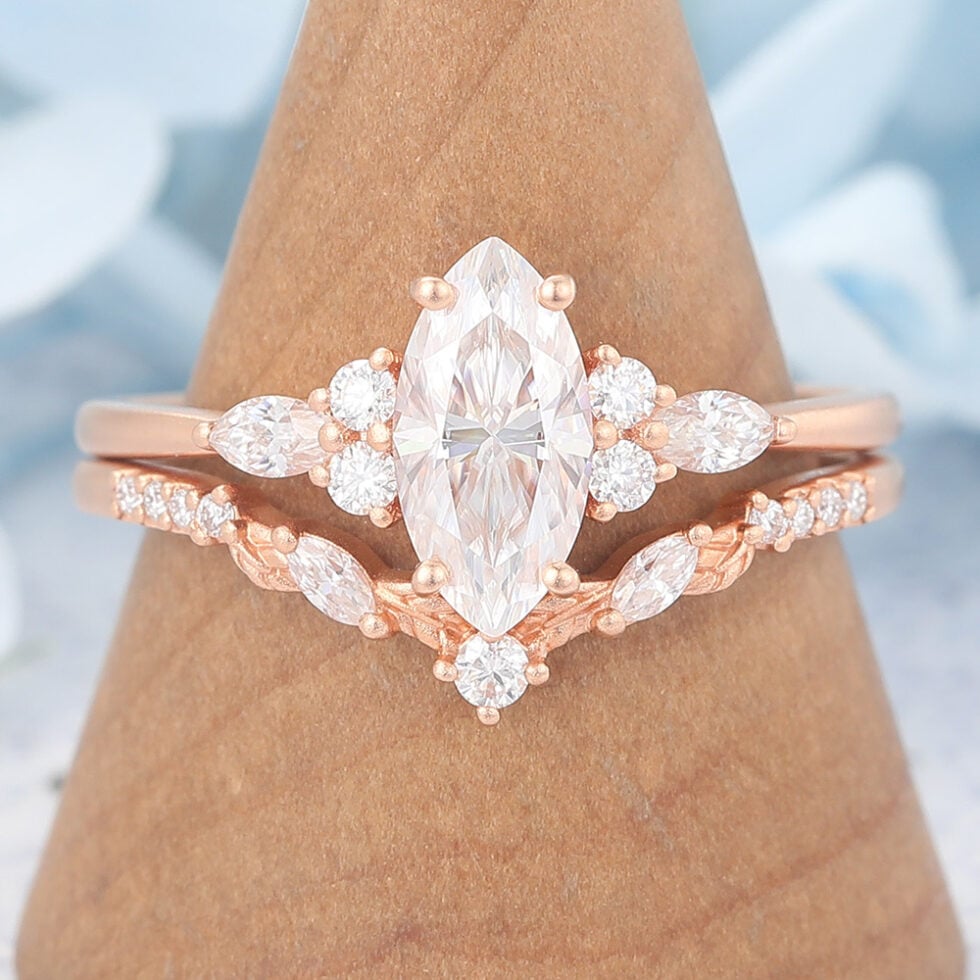 Matte Finish Marquise Cut Moissanite Engagement Ring Set with Natural Band