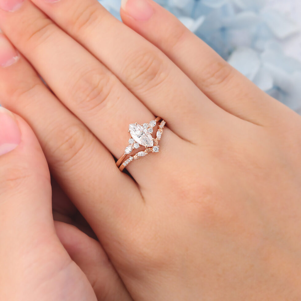 Matte Finish Marquise Cut Moissanite Engagement Ring Set with Natural Band