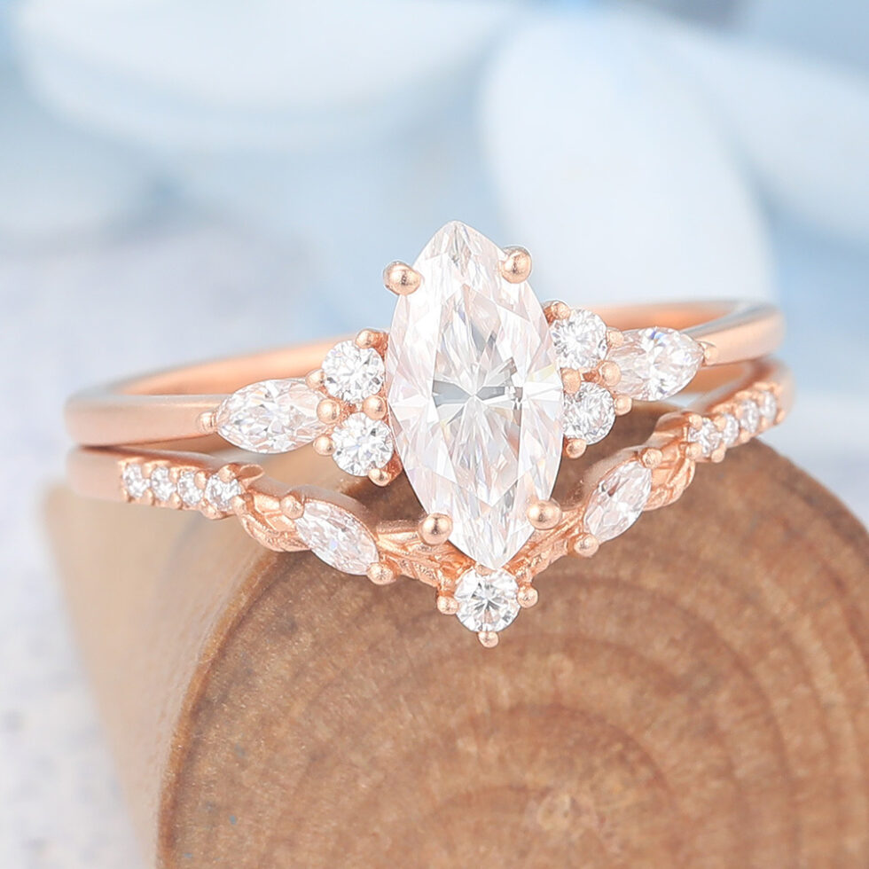 Matte Finish Marquise Cut Moissanite Engagement Ring Set with Natural Band