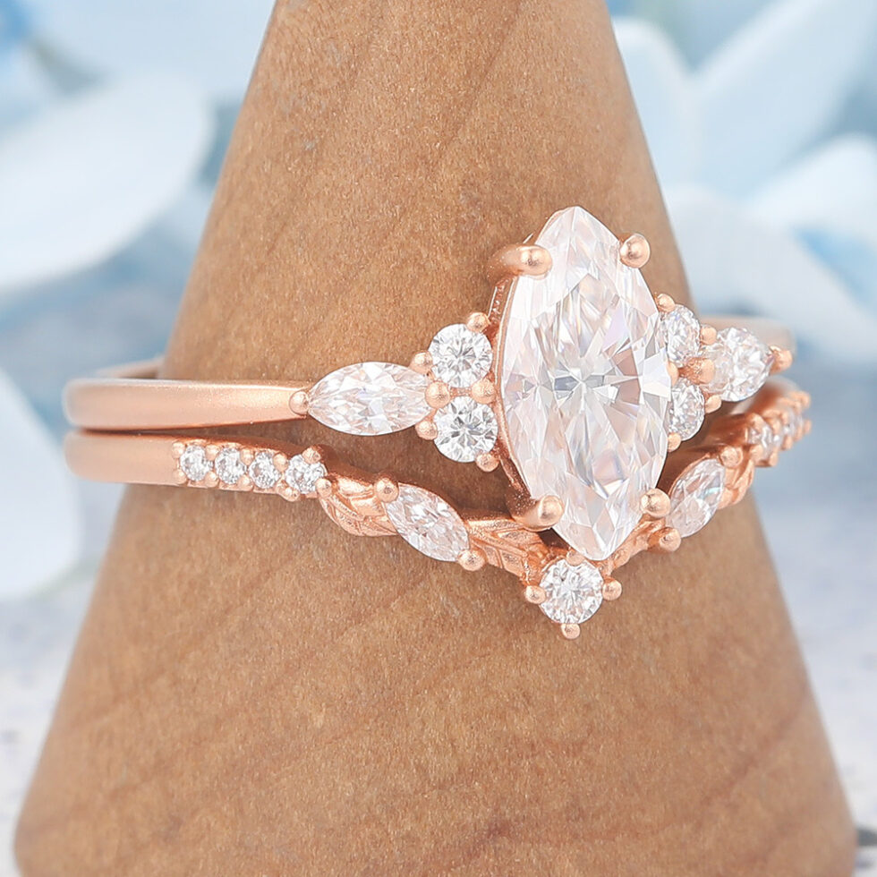 Matte Finish Marquise Cut Moissanite Engagement Ring Set with Natural Band