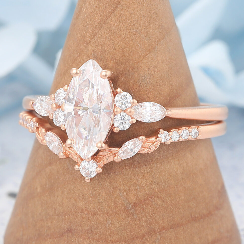 Matte Finish Marquise Cut Moissanite Engagement Ring Set with Natural Band
