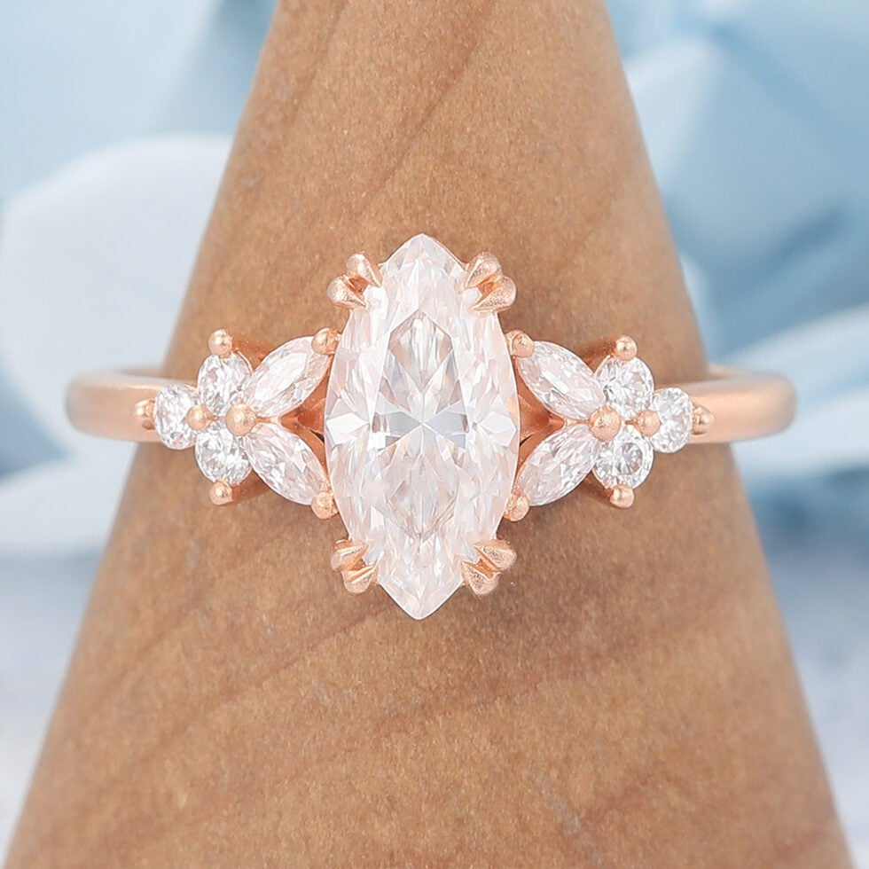 Matte Finish Marquise Cut Moissanite Engagement Ring with Floral Accent