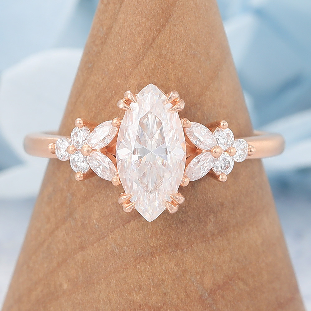 Matte Finish Marquise Cut Moissanite Engagement Ring with Floral Accent