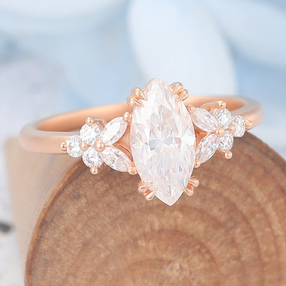 Matte Finish Marquise Cut Moissanite Engagement Ring with Floral Accent