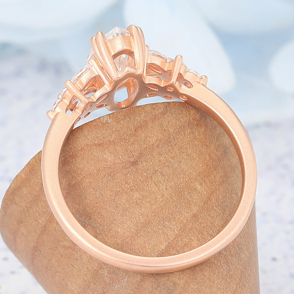 Matte Finish Marquise Cut Moissanite Engagement Ring with Floral Accent