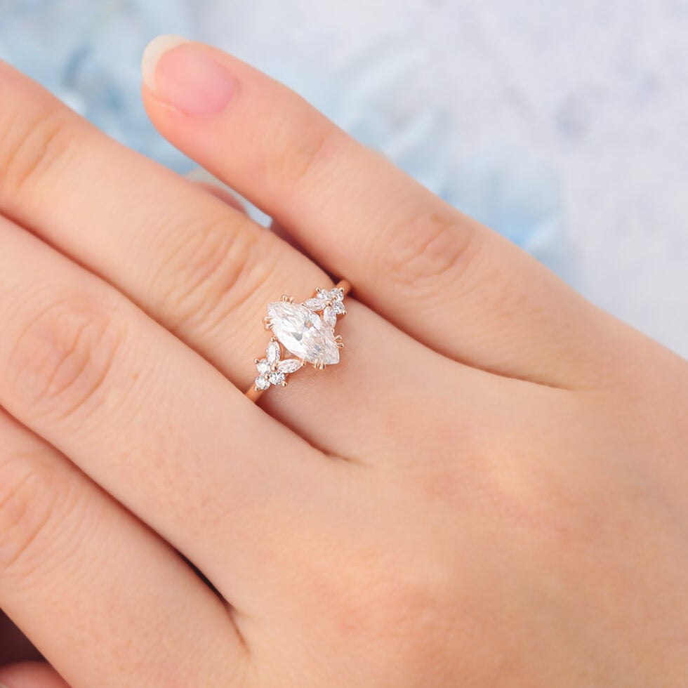 Matte Finish Marquise Cut Moissanite Engagement Ring with Floral Accent