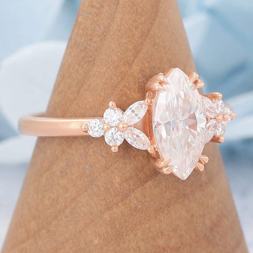 Matte Finish Marquise Cut Moissanite Engagement Ring with Floral Accent