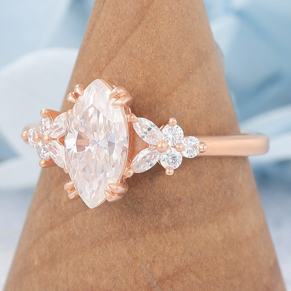 Matte Finish Marquise Cut Moissanite Engagement Ring with Floral Accent