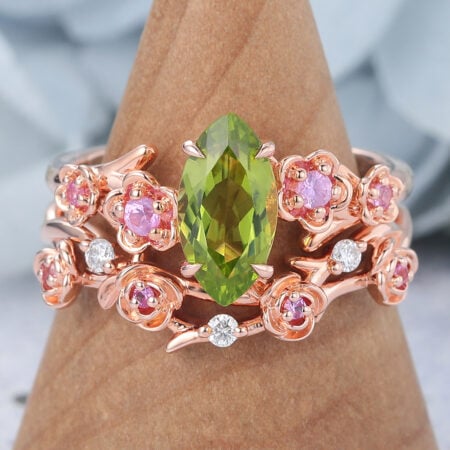 Marquise Cut Peridot Bridal Ring Set Nature-Inspired Engagement Ring