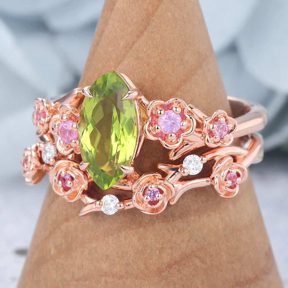 Marquise Cut Peridot Bridal Ring Set Nature-Inspired Engagement Ring