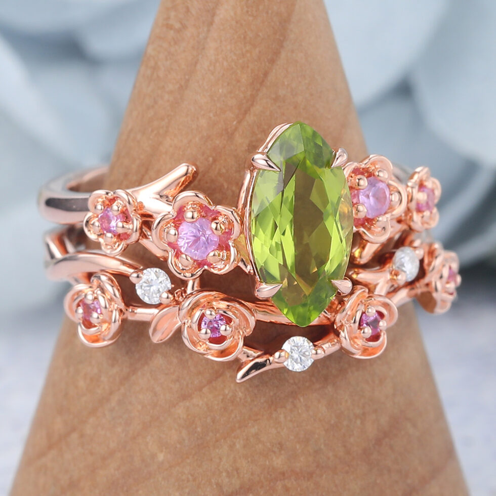 Marquise Cut Peridot Bridal Ring Set Nature-Inspired Engagement Ring