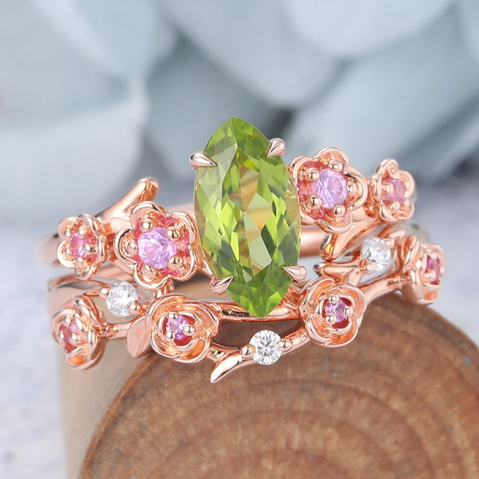 Marquise Cut Peridot Bridal Ring Set Nature-Inspired Engagement Ring