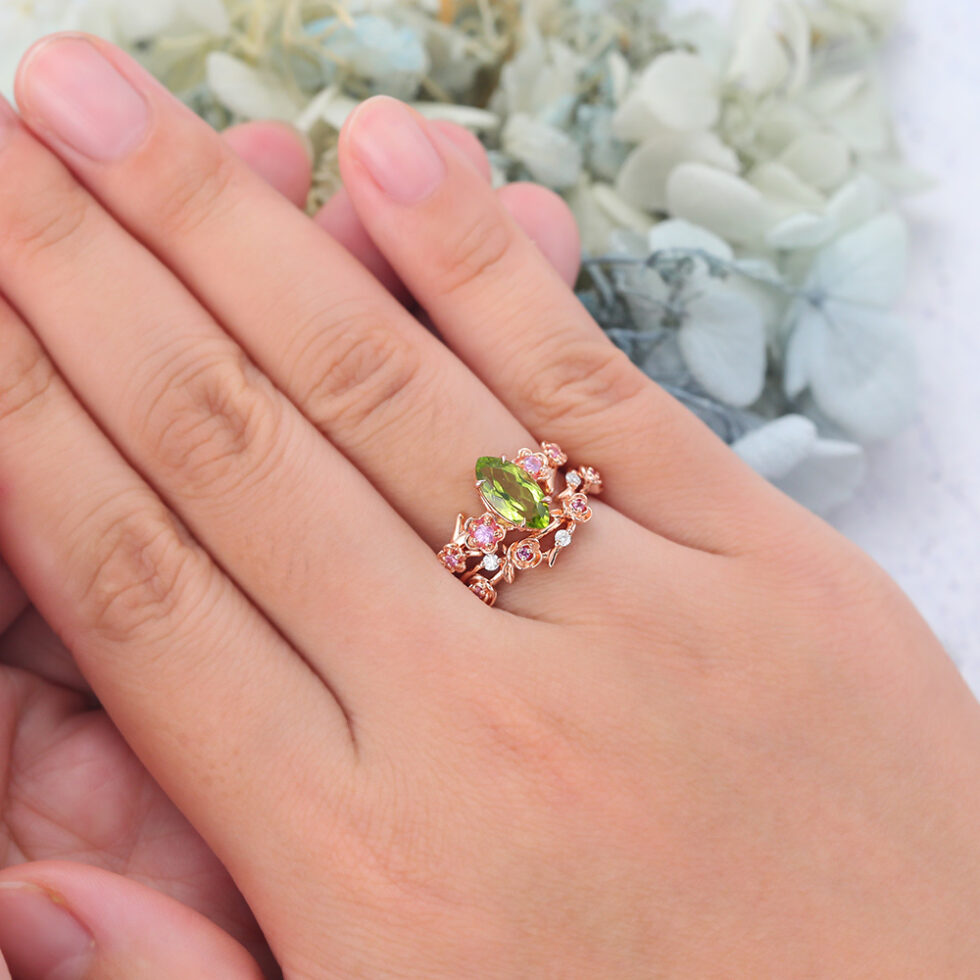 Marquise Cut Peridot Bridal Ring Set Nature-Inspired Engagement Ring