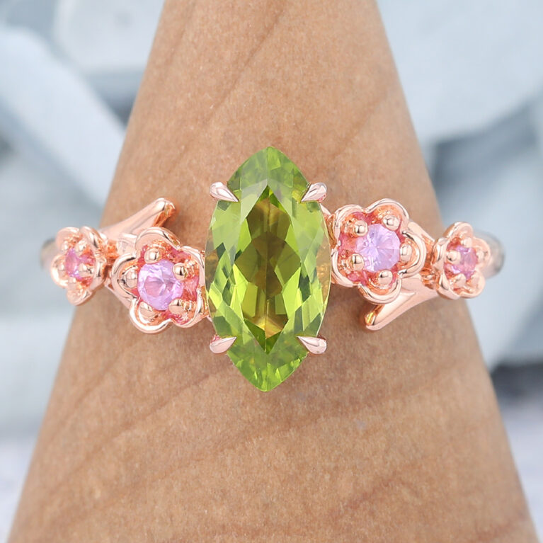 Marquise Cut Peridot Engagement Ring Natural-Inspired Band