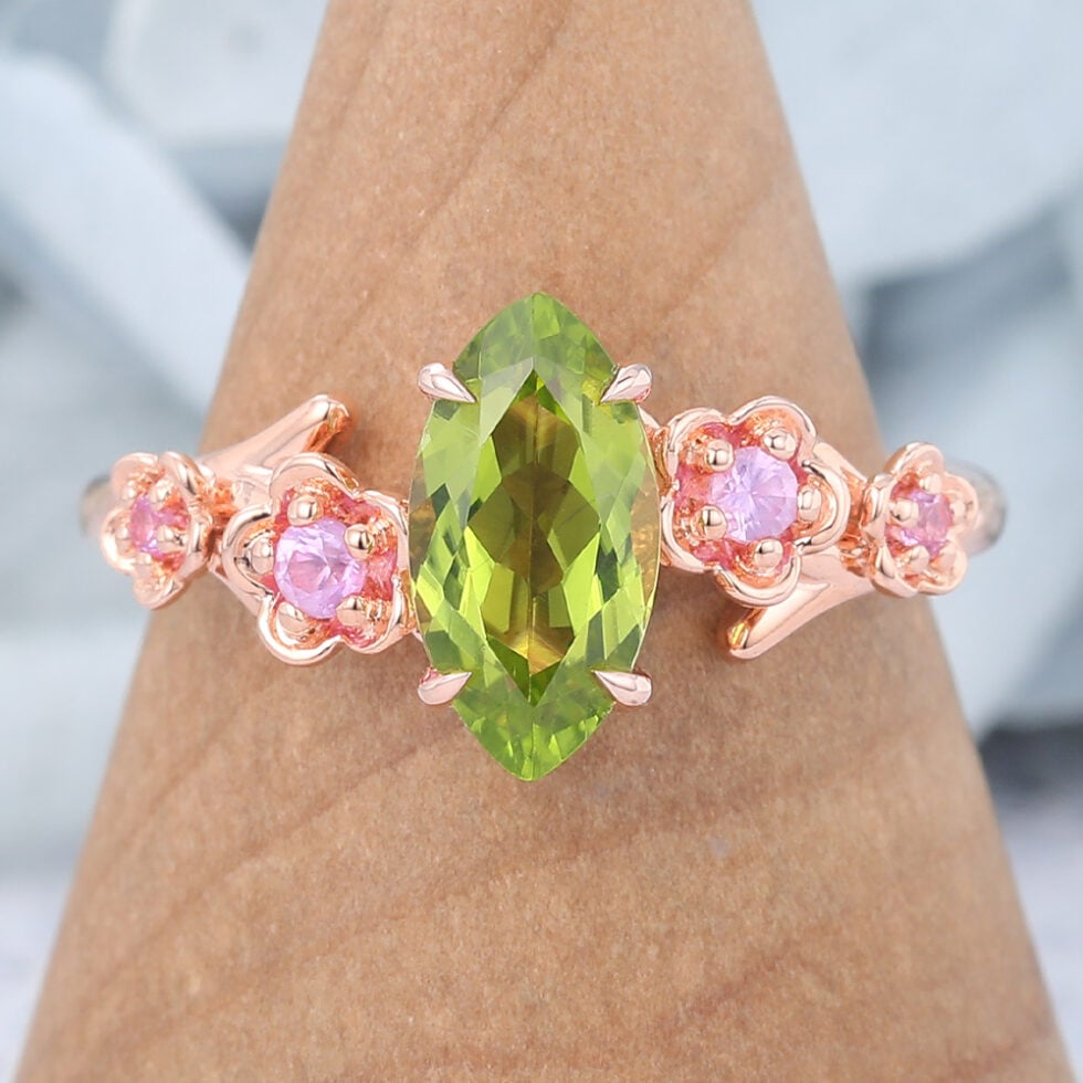 Marquise Cut Peridot Engagement Ring Natural-Inspired Band