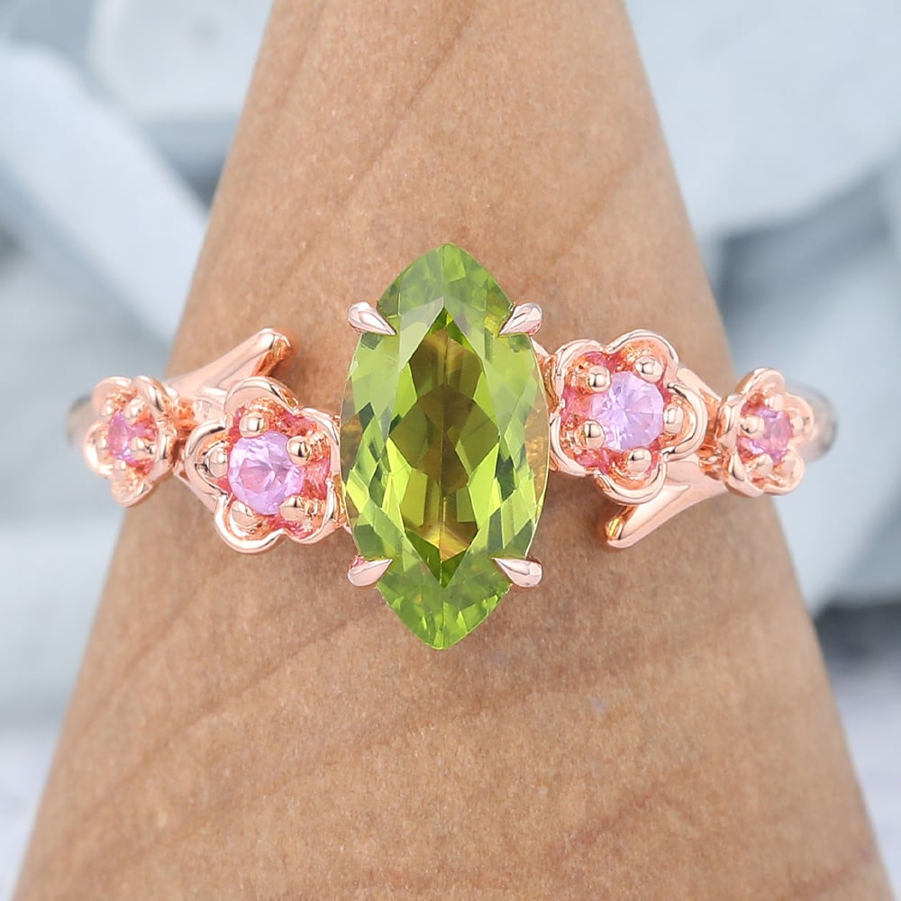 Marquise Cut Peridot Engagement Ring Natural-Inspired Band