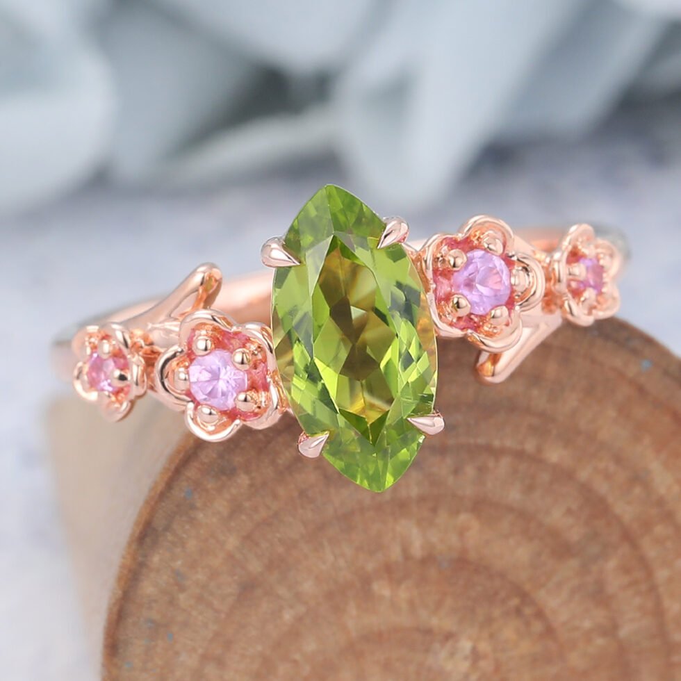 Marquise Cut Peridot Engagement Ring Natural-Inspired Band