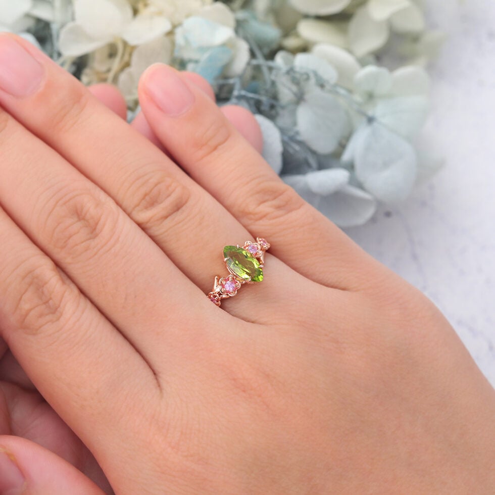 Marquise Cut Peridot Engagement Ring Natural-Inspired Band