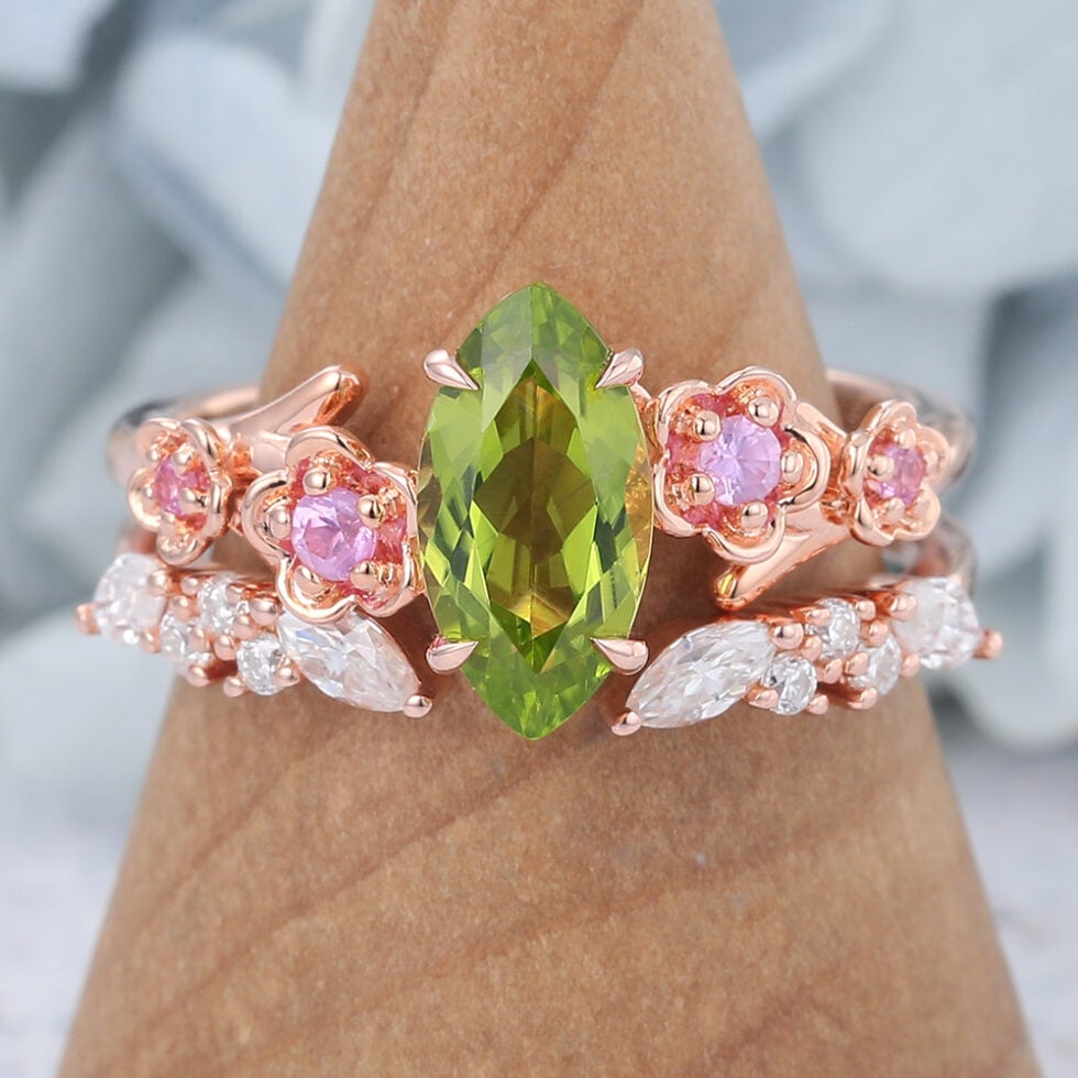 Marquise Cut Peridot Nature-Inspired Bridal Ring Set with Pink Sapphire Accents
