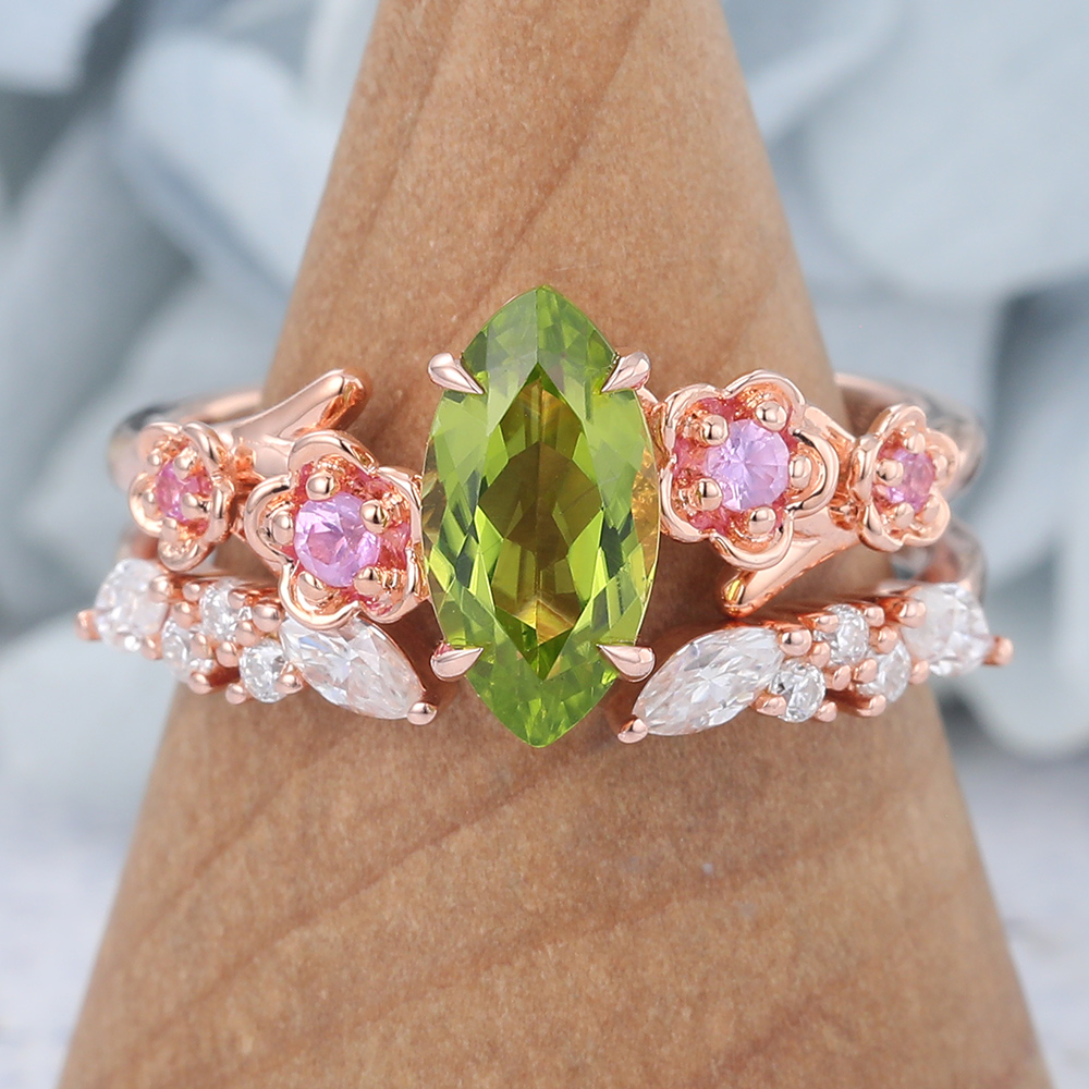 Marquise Cut Peridot Nature-Inspired Bridal Ring Set with Pink Sapphire Accents