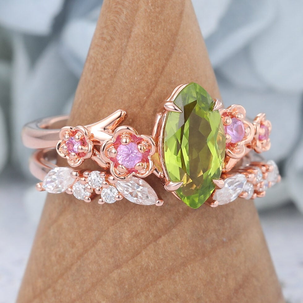 Marquise Cut Peridot Nature-Inspired Bridal Ring Set with Pink Sapphire Accents