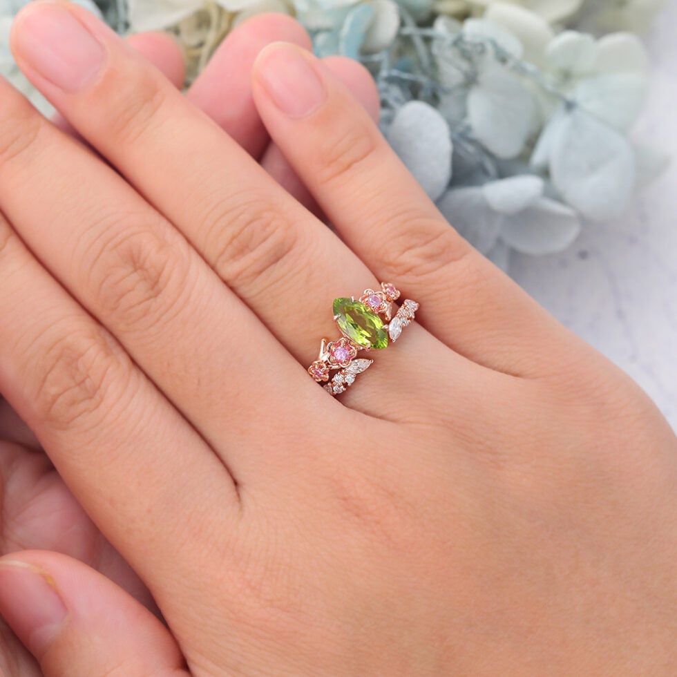 Marquise Cut Peridot Nature-Inspired Bridal Ring Set with Pink Sapphire Accents
