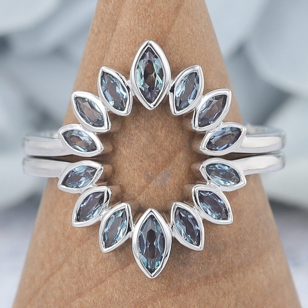 Marquise Lab Alexandrite Curved Wedding Ring Set