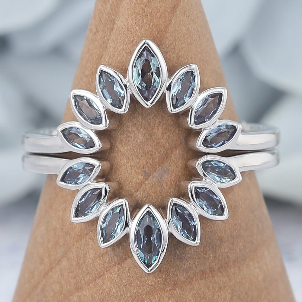 Marquise Lab Alexandrite Curved Wedding Ring Set