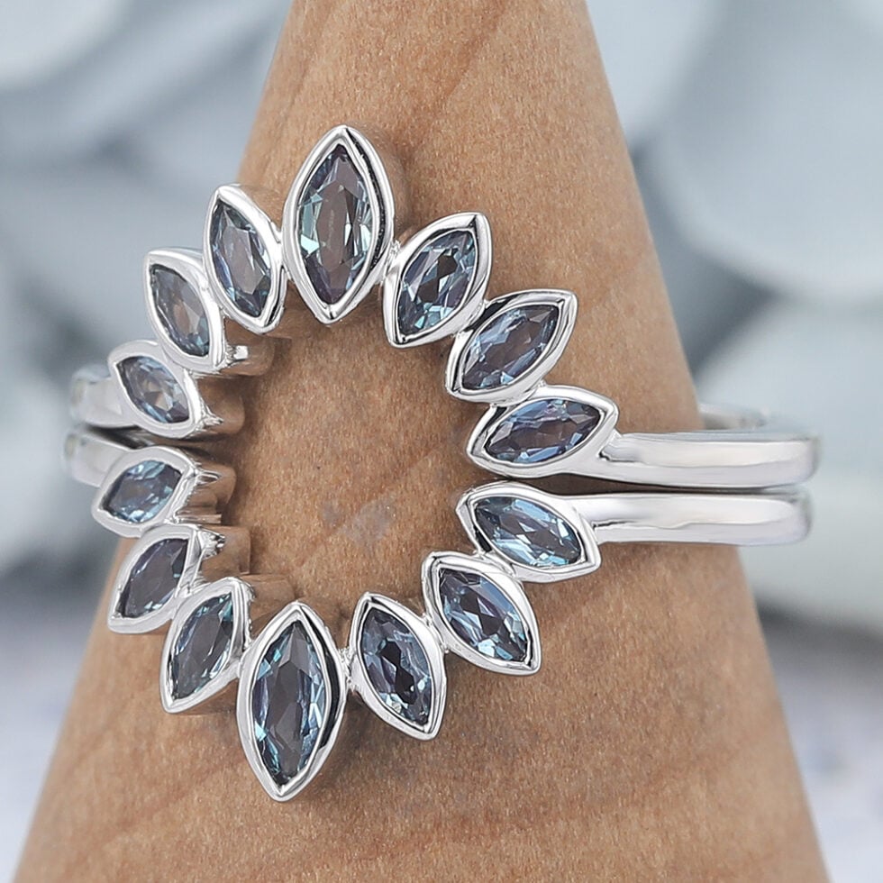 Marquise Lab Alexandrite Curved Wedding Ring Set