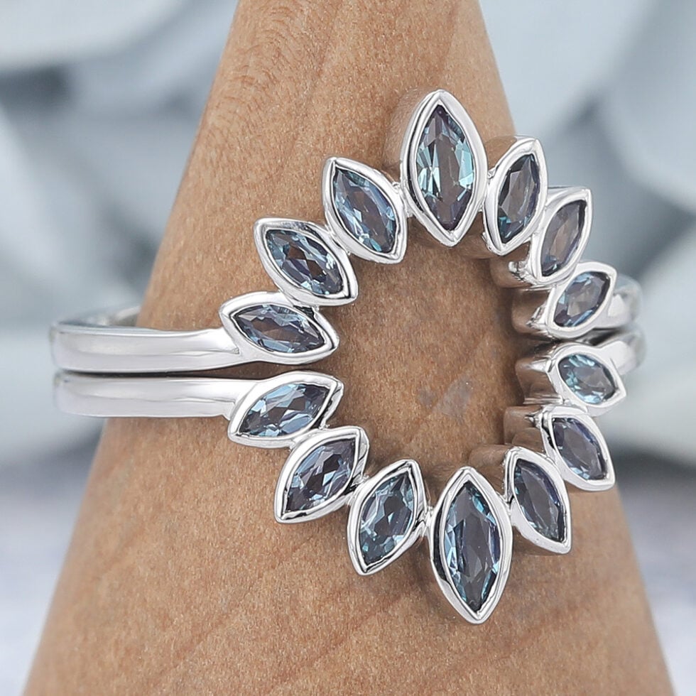 Marquise Lab Alexandrite Curved Wedding Ring Set