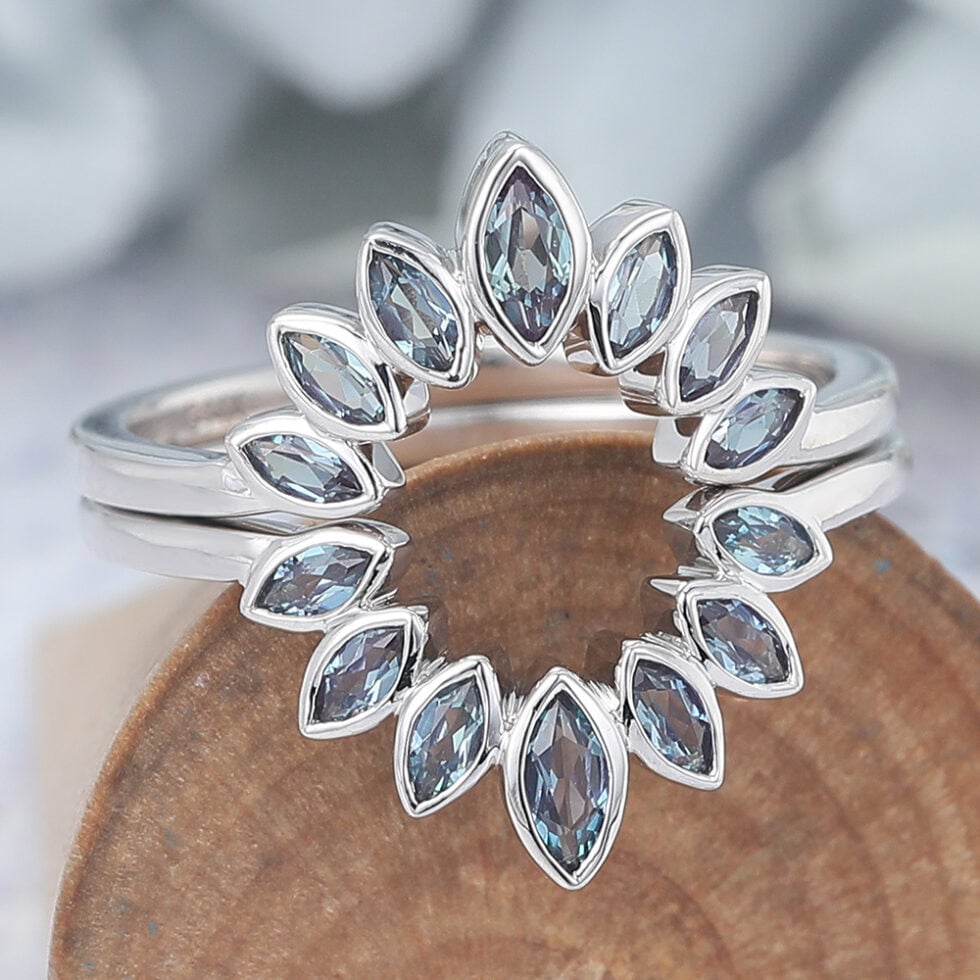 Marquise Lab Alexandrite Curved Wedding Ring Set
