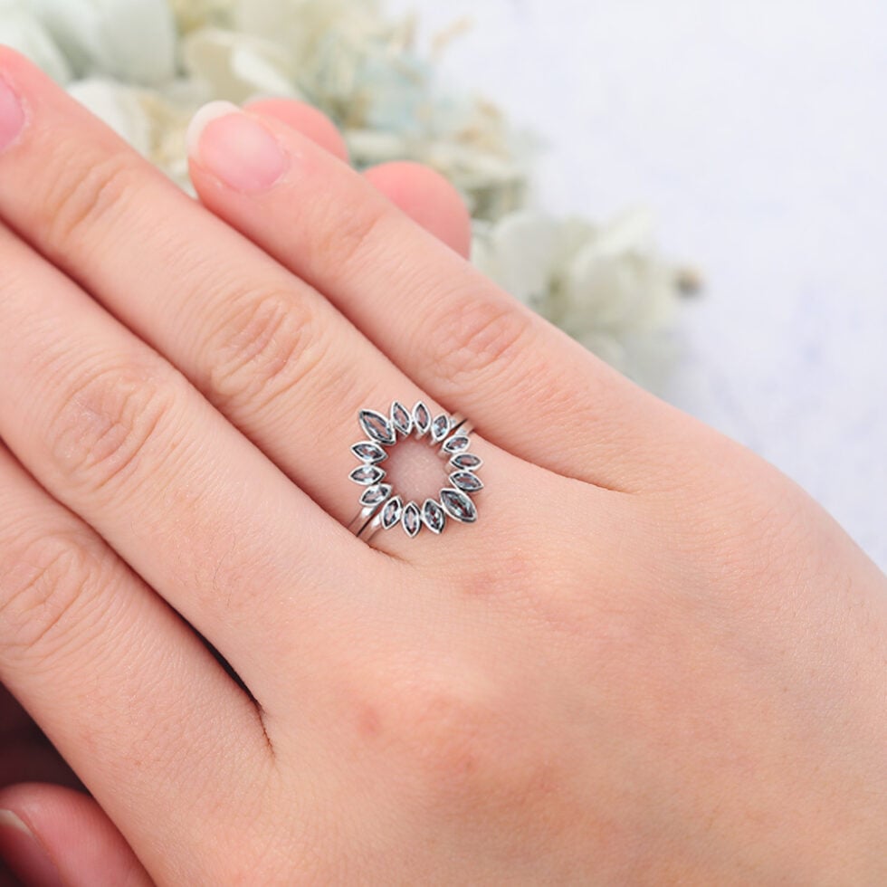 Marquise Lab Alexandrite Curved Wedding Ring Set