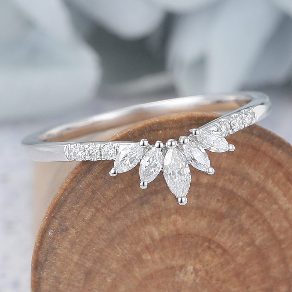 Marquise Moissanite Curved Wedding Band Anniversary Ring