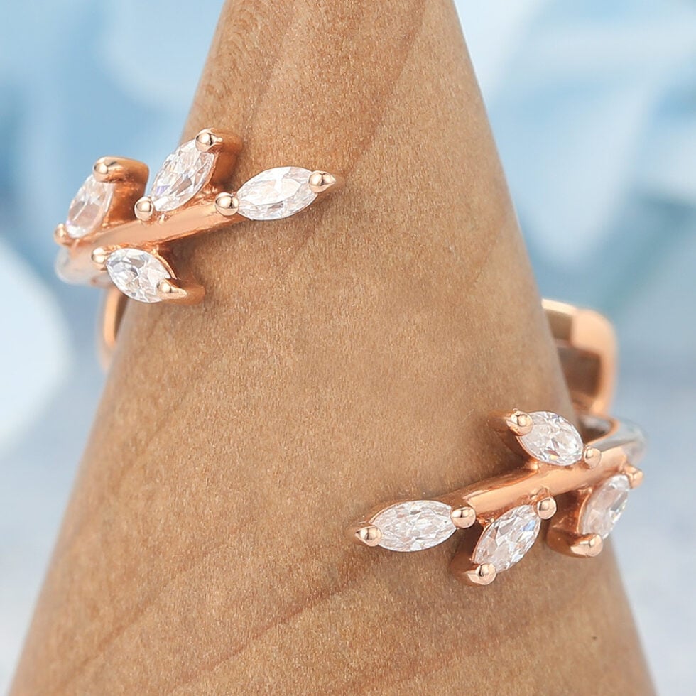 Marquise Moissanite Open Wedding Band Curved Enhancer Leaf Design