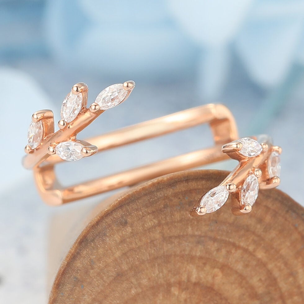 Marquise Moissanite Open Wedding Band Curved Enhancer Leaf Design