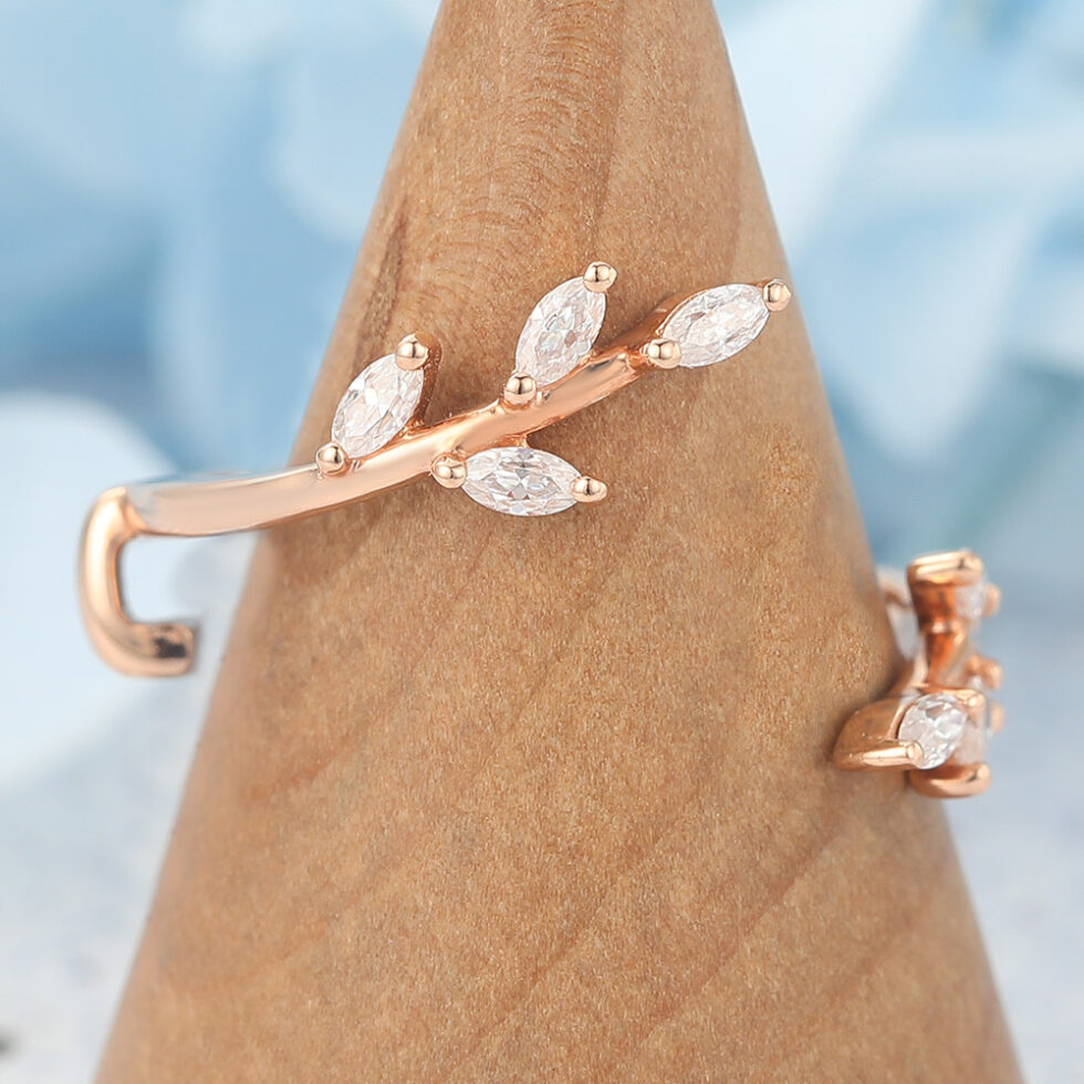 Marquise Moissanite Open Wedding Band Curved Enhancer Leaf Design