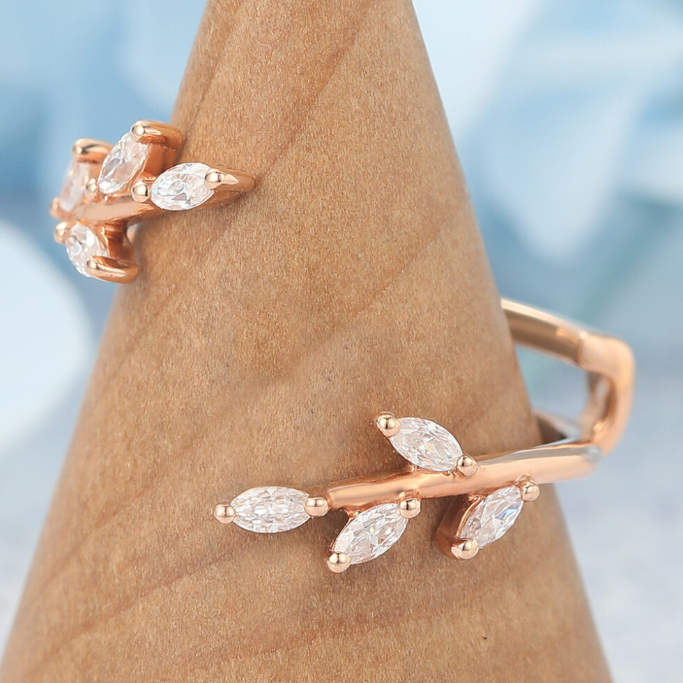 Marquise Moissanite Open Wedding Band Curved Enhancer Leaf Design