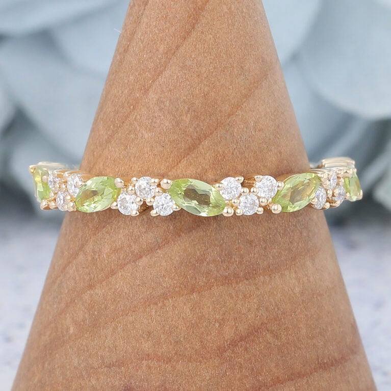 Marquise Peridot Wedding Band Yellow Gold Vintage Half Eternity Band