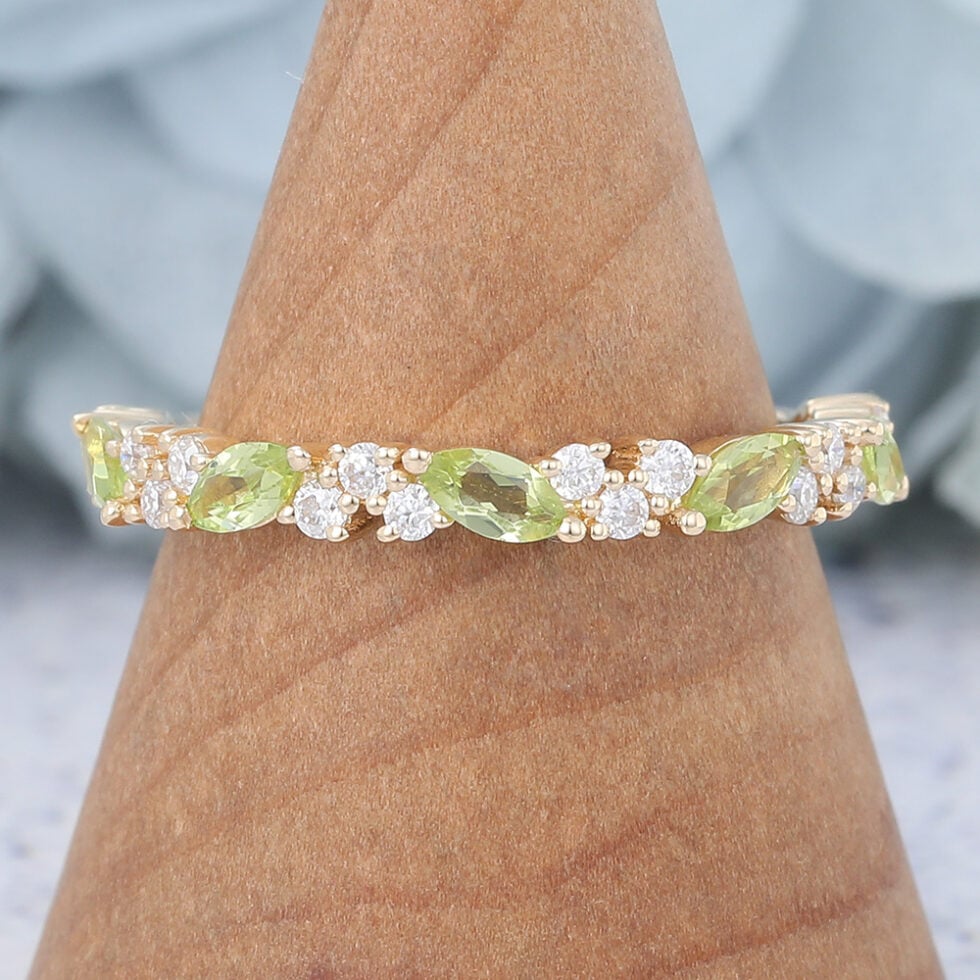 Marquise Peridot Wedding Band Yellow Gold Vintage Half Eternity Band