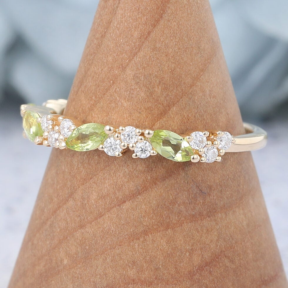 Marquise Peridot Wedding Band Yellow Gold Vintage Half Eternity Band