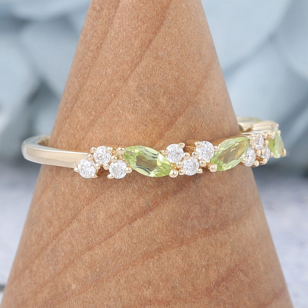 Marquise Peridot Wedding Band Yellow Gold Vintage Half Eternity Band