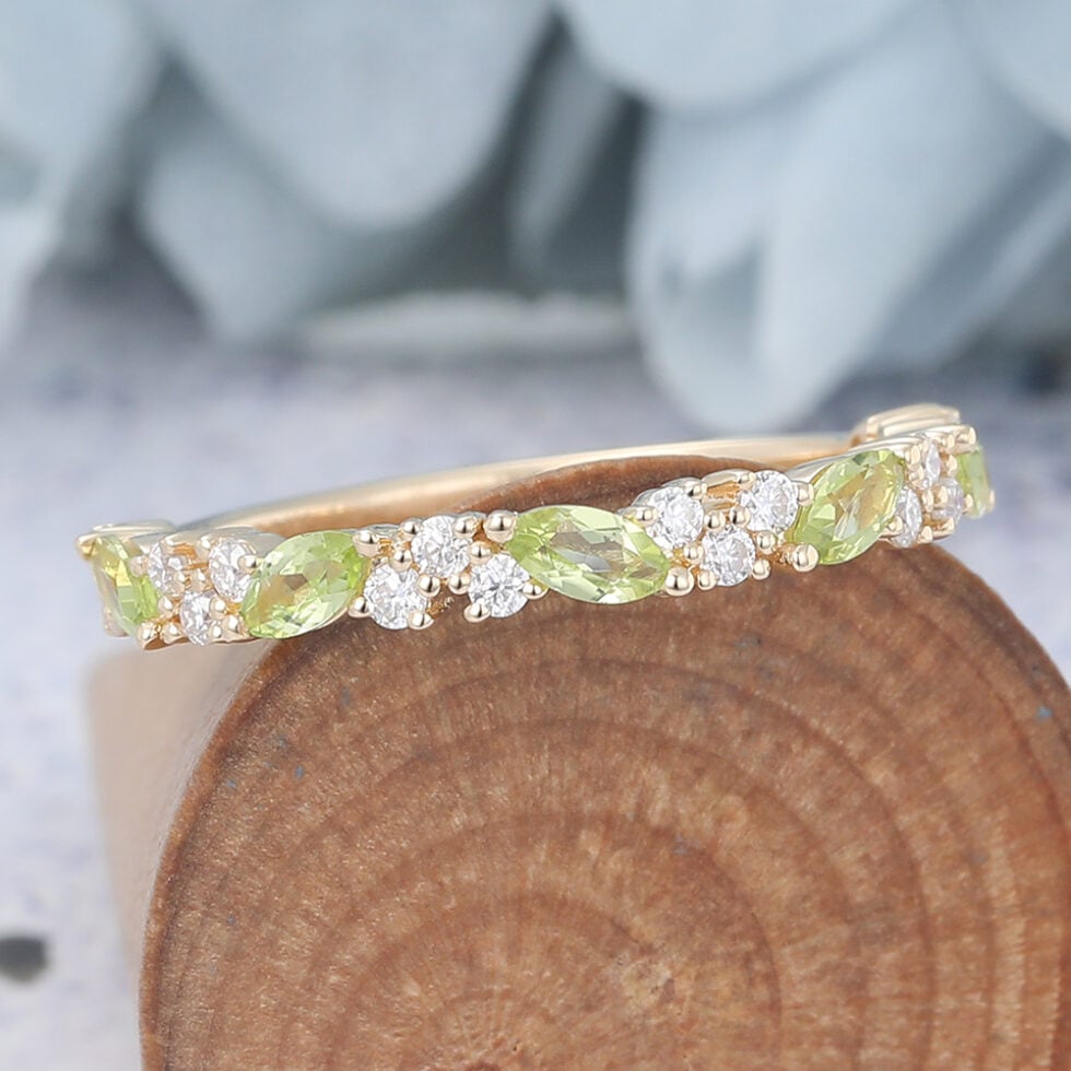 Marquise Peridot Wedding Band Yellow Gold Vintage Half Eternity Band